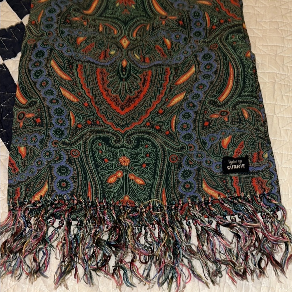Vintage Currie Multicolor fringed Paisley Scarf opera men’s 40” x 10.5”